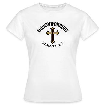 Anticonformiste Chrétien Romains 12:2 Croix d'Or - T-shirt Femme - blanc - Devant - AI Model Female 172 dark (172cm)
