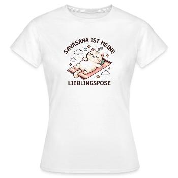 Savasana Yoga Katze - Lustiges Yogi Geschenk - Frauen T-Shirt - Weiß - Vorne - AI Model Female 172 dark (172cm)