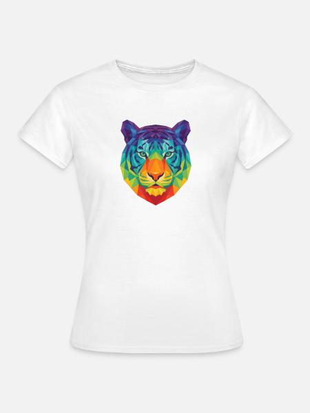 Neonblaues geometrisches Tigerkopf-Pop-Art - Frauen T-Shirt - Weiß