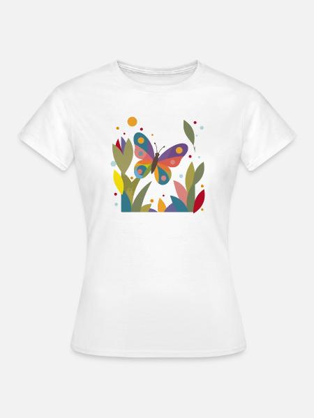 Bunter Schmetterling im Blumenfeld  - Frauen T-Shirt - Weiß