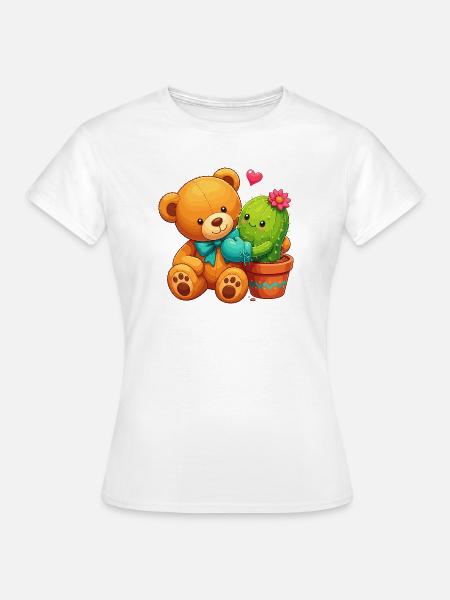 Kuschelbär und blühender Kaktus - Frauen T-Shirt - Weiß