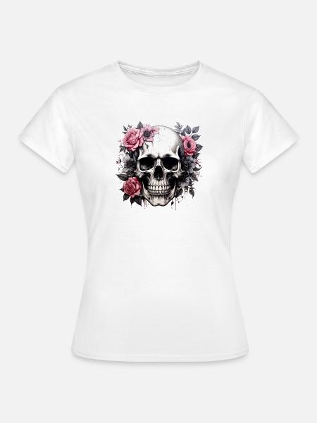 Totenkopf mit Blütenkrone - Frauen T-Shirt - Weiß