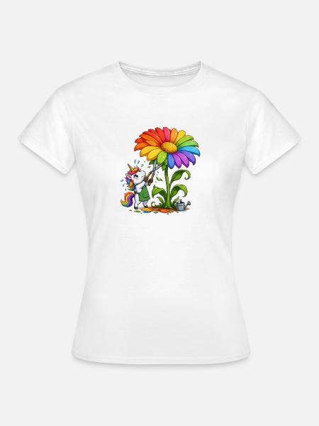Regenbogen-Sonnenblume und Einhorn-Gärtner - Frauen T-Shirt - Weiß