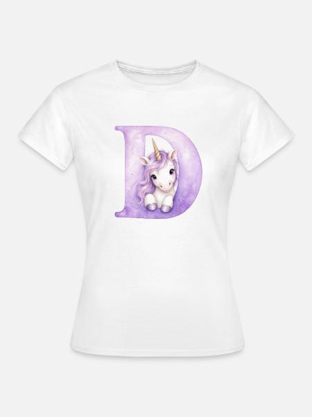Buchstabe D Lila Einhorn - Frauen T-Shirt - Weiß