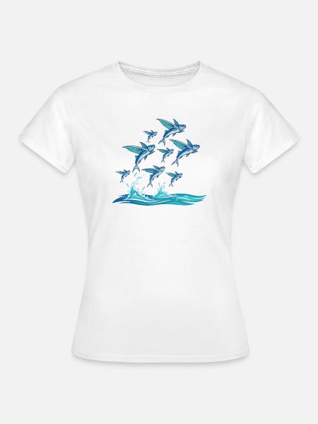 Blauer Fischschwarm über Wellen - Frauen T-Shirt - Weiß