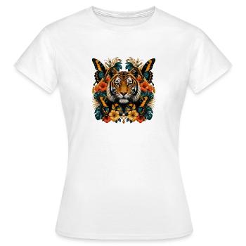 Tiger im Blüten und Schmetterlingsrausch - Frauen T-Shirt - Weiß - Vorne - AI Model Female 172 dark (172cm)