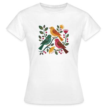  Bunte Vögel Im Blumen Ast Muster Folk Art - Frauen T-Shirt - Weiß - Vorne - AI Model Female 172 dark (172cm)