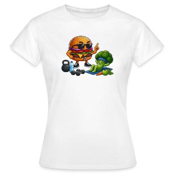 Burger-Gym Hero meets broccoli training - Women's T-Shirt - white - Front - AI Model Female 172 dark (172cm)