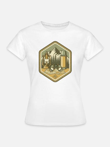 Bergcamping Patch: Lager & Karte - Frauen T-Shirt - Weiß