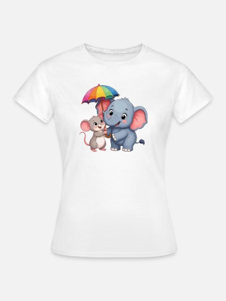 Bunter Elefant mit Regenbogen Schirm - Frauen T-Shirt - Weiß