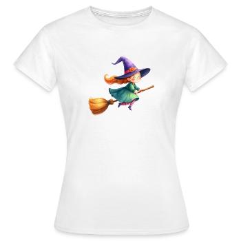 Kleine Hexe auf Besen fliegend – Kawaii-Comic-Art - Frauen T-Shirt - Weiß - Vorne - AI Model Female 172 dark (172cm)