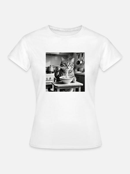 Katze isst Ramen Nudeln - Frauen T-Shirt - Weiß