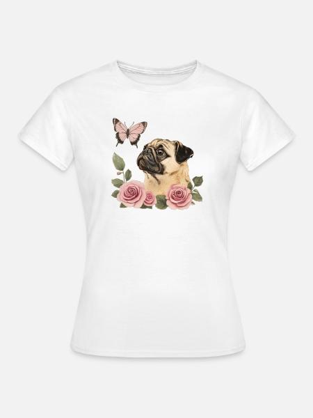 Mops mit Schmetterling - Dame-T-shirt - hvid