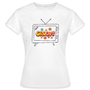 Lettres florales groovy des années 70 en forme de bulle - T-shirt Femme - blanc - Devant - AI Model Female 172 dark (172cm)