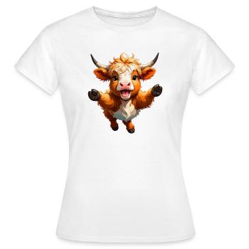 Highland cow in leap – Dynamic animal design - Women's T-Shirt - white - Front - AI Model Female 172 dark (172cm)