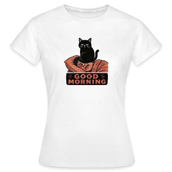 Chat noir en linogravure posé sur le visage matin - T-shirt Femme - blanc - Devant - AI Model Female 172 dark (172cm)