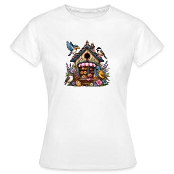 Boulangerie d’oiseaux dans le jardin de fleurs - T-shirt Femme - blanc - Devant - AI Model Female 172 dark (172cm)