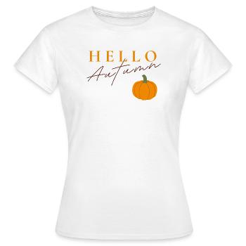 Bonjour Autumn | Motif de citrouille d’automne - T-shirt Femme - blanc - Devant - AI Model Female 172 dark (172cm)