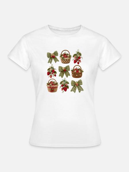 Gehäkelte Erdbeerkörbe - Frauen T-Shirt - Weiß