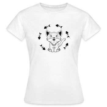 Happy Waving Cat with Fish Bones - Women's T-Shirt - white - Front - AI Model Female 172 dark (172cm)