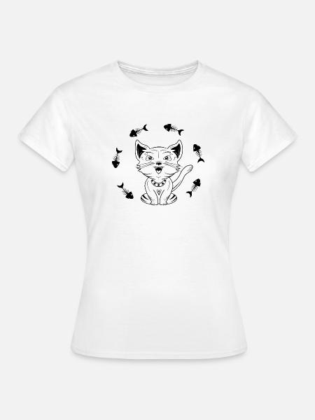 Fröhliche Winkende Katze mit Fischgräten - Frauen T-Shirt - Weiß
