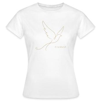 Goldene Freiheit – Filigrane Buchstaben & Taube - Frauen T-Shirt - Weiß - Vorne - AI Model Female 172 dark (172cm)