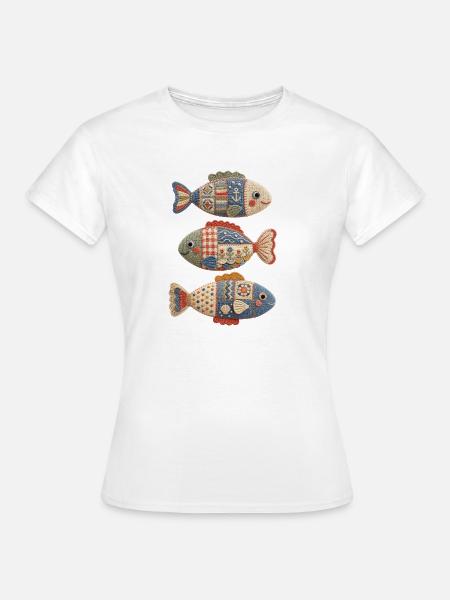 Patchwork Crochet Fish Trio - Frauen T-Shirt - Weiß