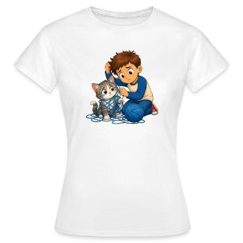Junge befreit Katze sanft aus blauem Wollknäuel - Frauen T-Shirt - Weiß - Vorne - AI Model Female 172 dark (172cm)