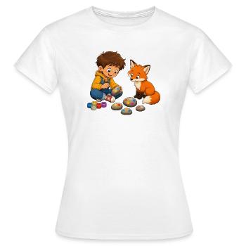 Junge bemalt bunte Steine mit neugierigem Fuchs - Frauen T-Shirt - Weiß - Vorne - AI Model Female 172 dark (172cm)