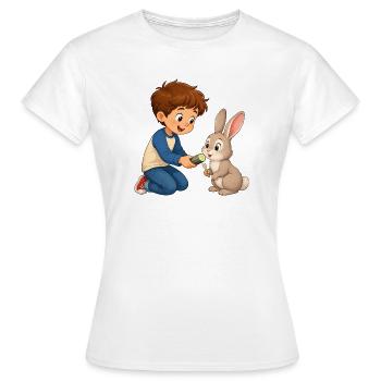 Kaninchen bekommt Gurke vom fröhlichen Jungen - Frauen T-Shirt - Weiß - Vorne - AI Model Female 172 dark (172cm)