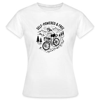 Bikepacking Woman Linocut Kunstdruck - Frauen T-Shirt - Weiß - Vorne - AI Model Female 172 dark (172cm)