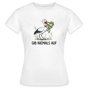 Gib niemals auf! – Lustiger Storch & Frosch - Frauen T-Shirt - Weiß - Vorne - AI Model Female 172 dark (172cm)