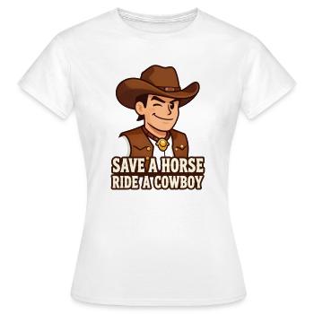 Cowboy Cartoon with Western Slogan - Women's T-Shirt - white - Front - AI Model Female 172 dark (172cm)