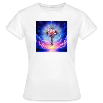 Blüten-Lotuskreuz am Sternenhimmel - Frauen T-Shirt - Weiß - Vorne - AI Model Female 172 dark (172cm)