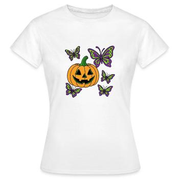 Halloween Kuerbis und lila Schmetterlinge - Frauen T-Shirt - Weiß - Vorne - AI Model Female 172 dark (172cm)