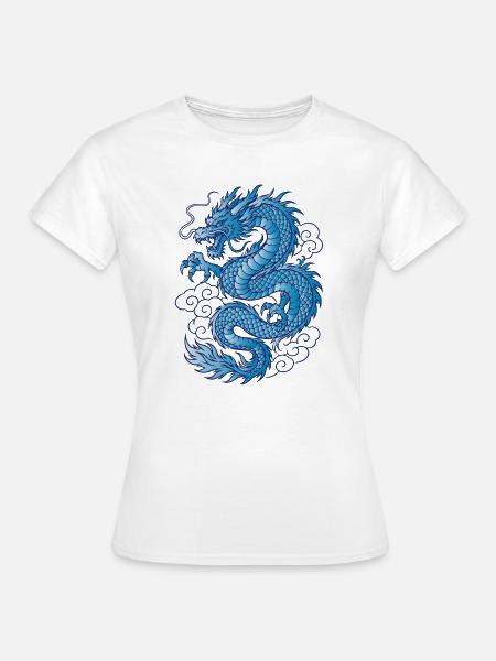 Blauer Asiatischer Drache Tattoo Design - T-shirt dam - vit