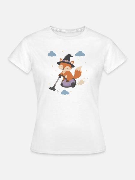 Fuchs mit Hexenhut beim Staubsaugen - Frauen T-Shirt - Weiß