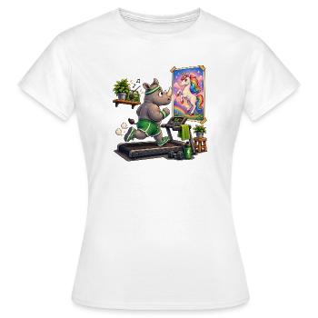 Rhino on treadmill in front of unicorn picture - Women's T-Shirt - white - Front - AI Model Female 172 dark (172cm)