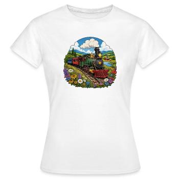 Locomotive à vapeur dans une mer colorée de fleurs - T-shirt Femme - blanc - Devant - AI Model Female 172 dark (172cm)