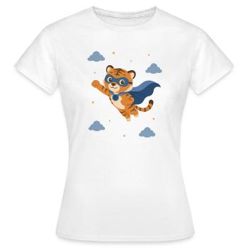 Tiger superhero with blue cape - Women's T-Shirt - white - Front - AI Model Female 172 dark (172cm)
