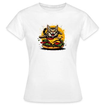 Cat with Big Burger – Funny Fast Food Art - Women's T-Shirt - white - Front - AI Model Female 172 dark (172cm)