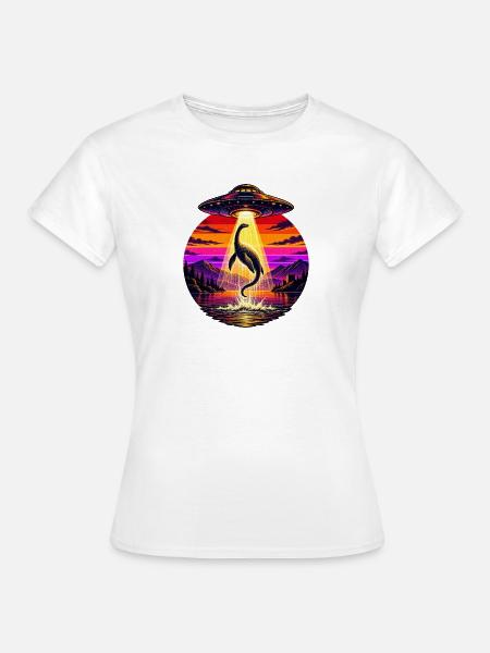 UFO-Strahl-Lochness-Monster Sonnenuntergangsneon - Frauen T-Shirt - Weiß