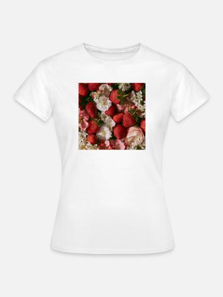 Romantische Erdbeeren und Blumen - Frauen T-Shirt - Weiß