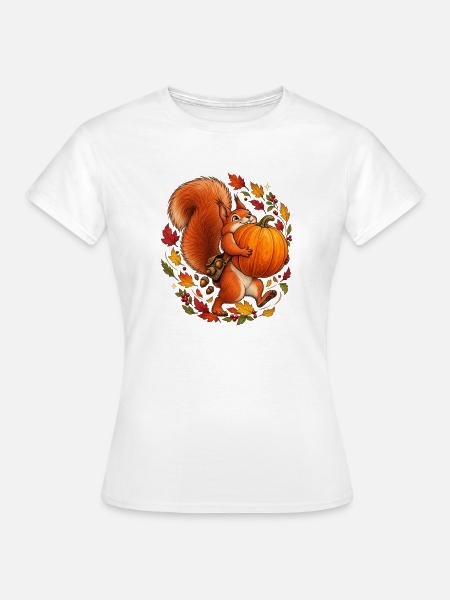 Eichhörnchen mit Kürbis – Süßes Herbstmotiv - Frauen T-Shirt - Weiß