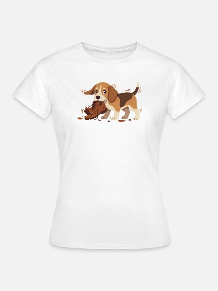 Beagle-Spielmotiv: Hund knabbert Schuh - Frauen T-Shirt - Weiß
