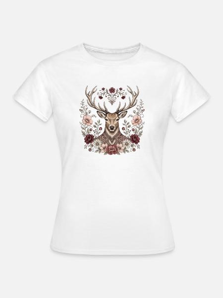 Hirschkopf im Blütenkranz - Frauen T-Shirt - Weiß