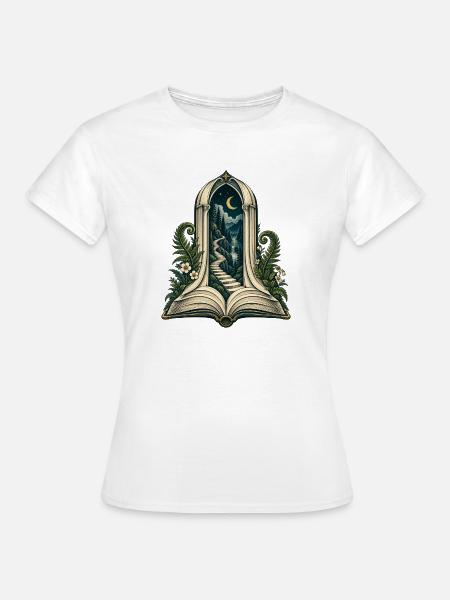 Mondbeschienene Treppe durch offenes Buch - Frauen T-Shirt - Weiß