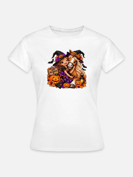 Kuschelige Halloween-Hexe & Pony - Frauen T-Shirt - Weiß