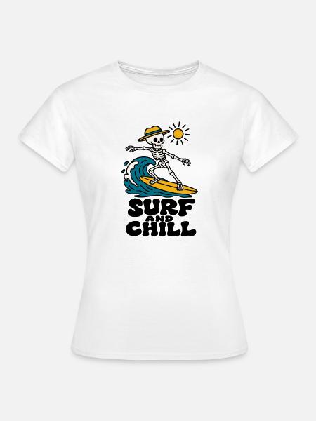 Surf and Chill Skelett Surfen Welle Sommer Shirt - Frauen T-Shirt - Weiß