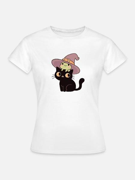 Schwarze Katze im Hexenhut mit Frosch  - Frauen T-Shirt - Weiß
